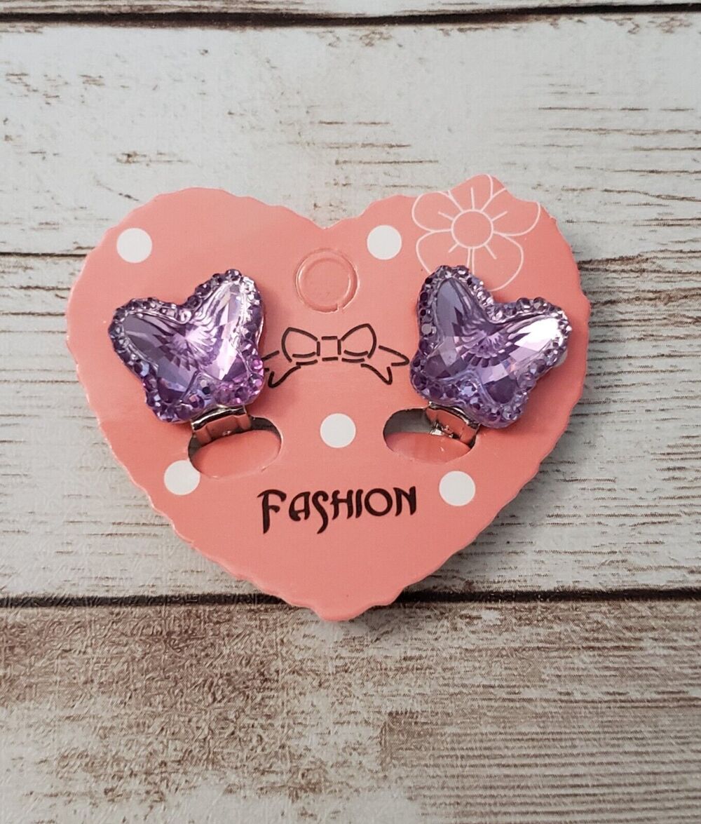 Clip On Earrings Purple Butterfly Shape Gem - New